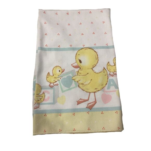 Vtg Riegel Mother Baby Duck Blocks Hearts Blanket White Blue Yellow Pink 27x34 - Picture 1 of 13